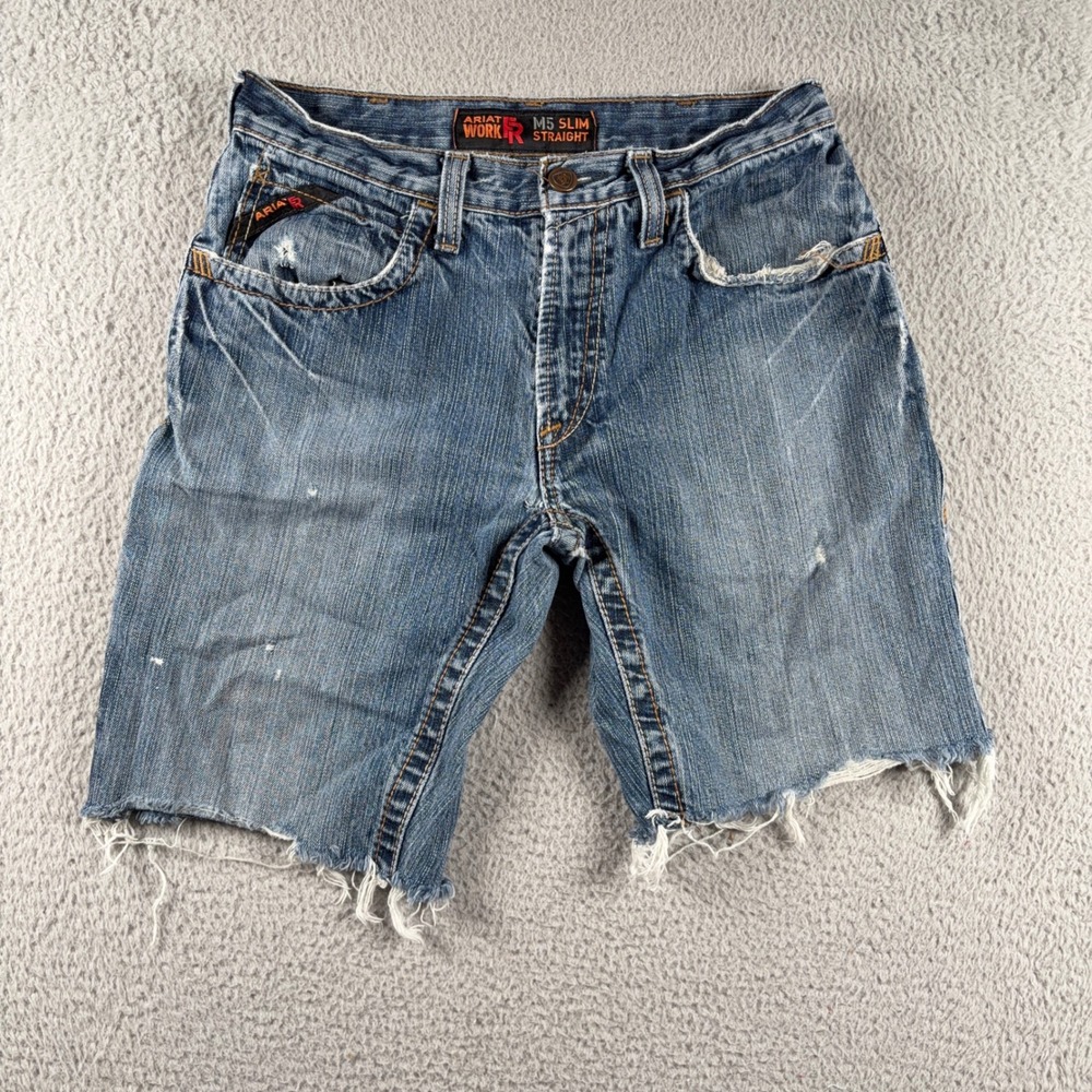 Ariat Work FR M5 Denim Shorts Mens 31 Blue Distressed Cut Off FR Utility Work
